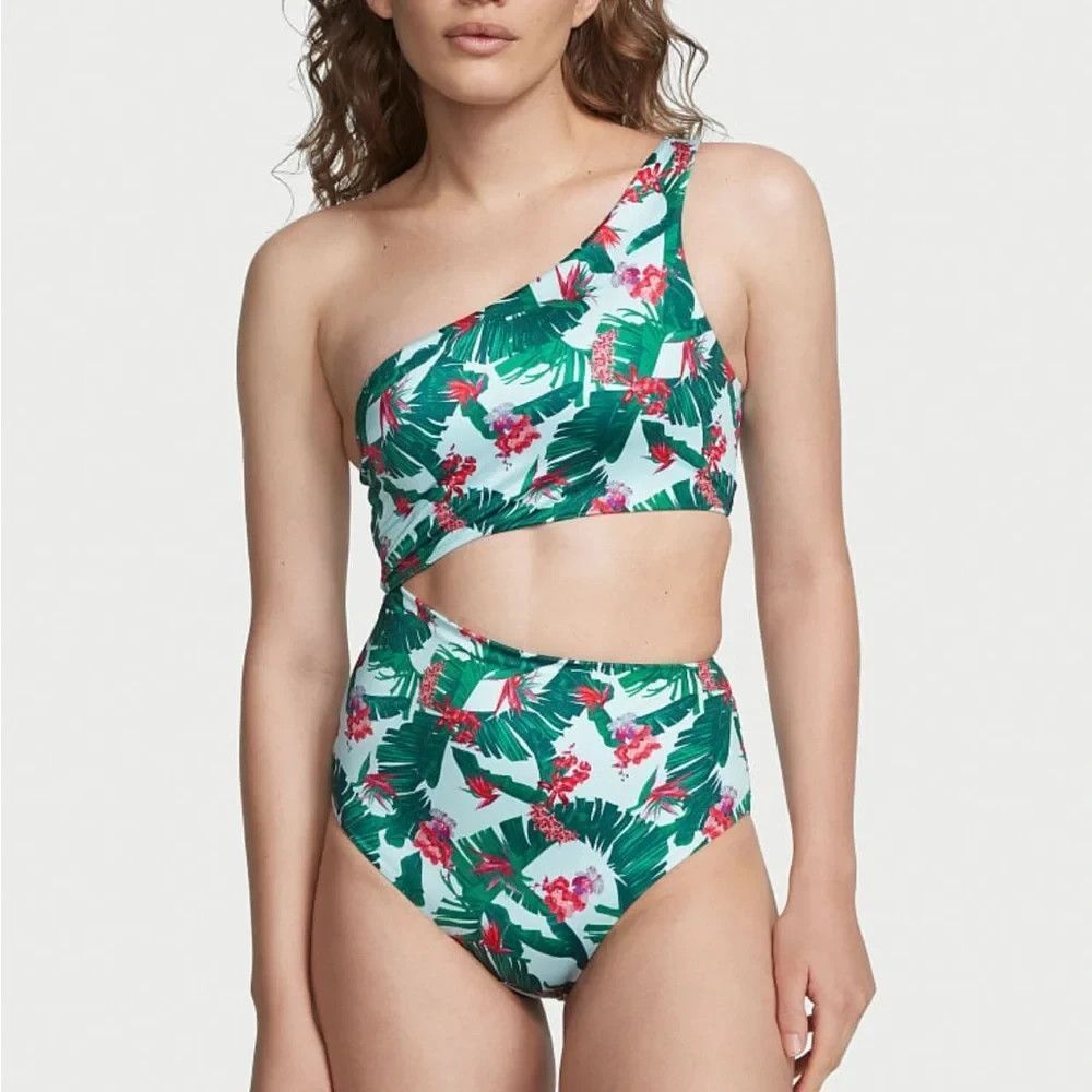 NWT Victoria's Secret Palm One Shoulder Swimsuit One Piece Bikini Cut Out S $70